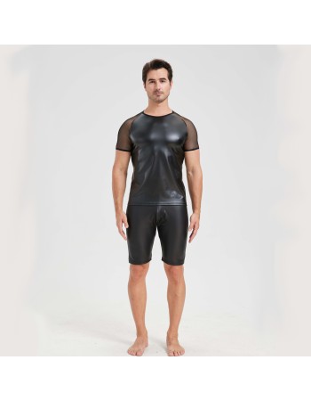 Men's Sexy Matte Leather Vest Shiny Short Sleeved T-shirt Sporty Top Performance Costume N842