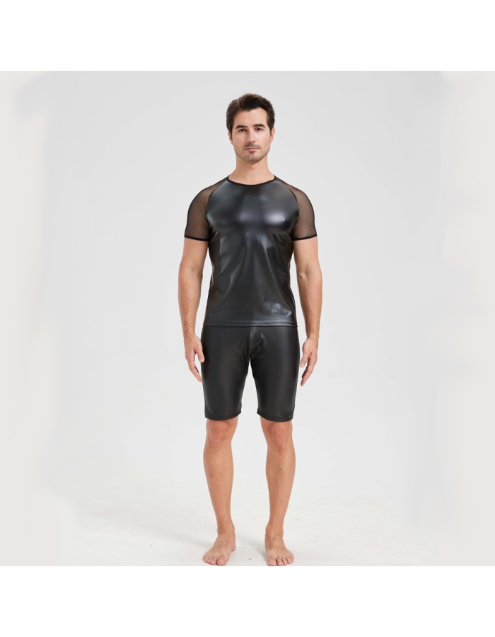 Men's Sexy Matte Leather Vest Shiny Short Sleeved T-shirt Sporty Top Performance Costume N842