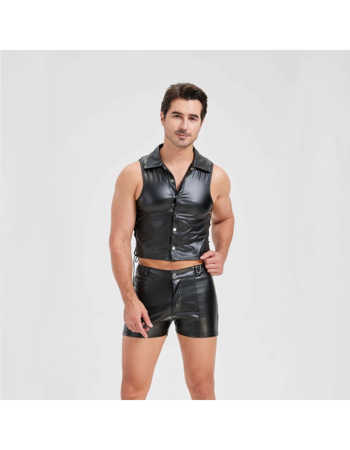 Sexy Men Vest Nightclub Stage Costume Men's Sexy Lingerie Black Patent Leather Vest and Shorts N843