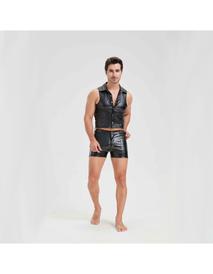 Sexy Men Vest Nightclub Stage Costume Men's Sexy Lingerie Black Patent Leather Vest and Shorts N843