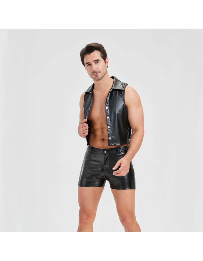 Sexy Men Vest Nightclub Stage Costume Men's Sexy Lingerie Black Patent Leather Vest and Shorts N843