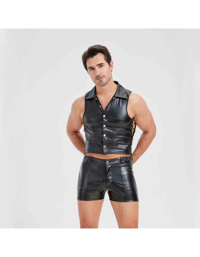 Sexy Men Vest Nightclub Stage Costume Men's Sexy Lingerie Black Patent Leather Vest and Shorts N843