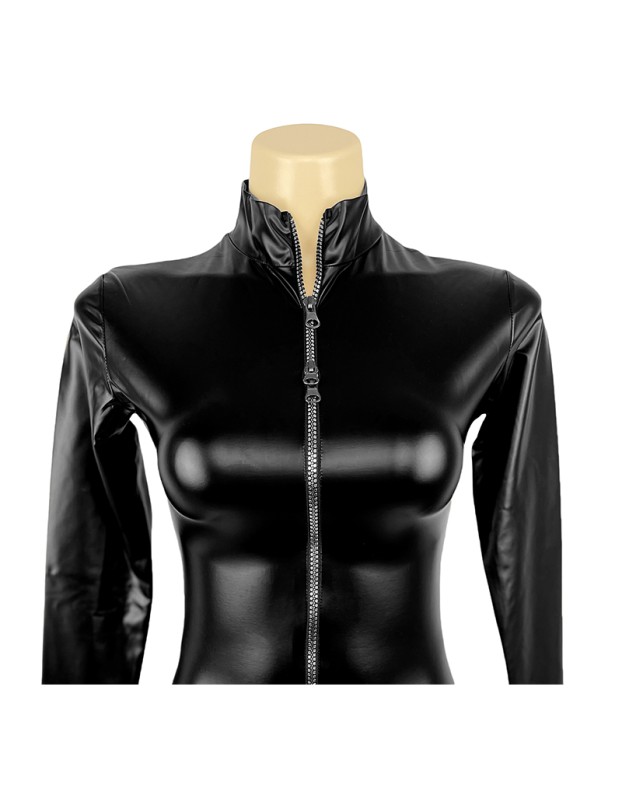 Sexy Zipper Open-Crotch Latex Shiny PU Sex Lingerie Oily Patent Leather Nightclub Jumpsuit XX6716