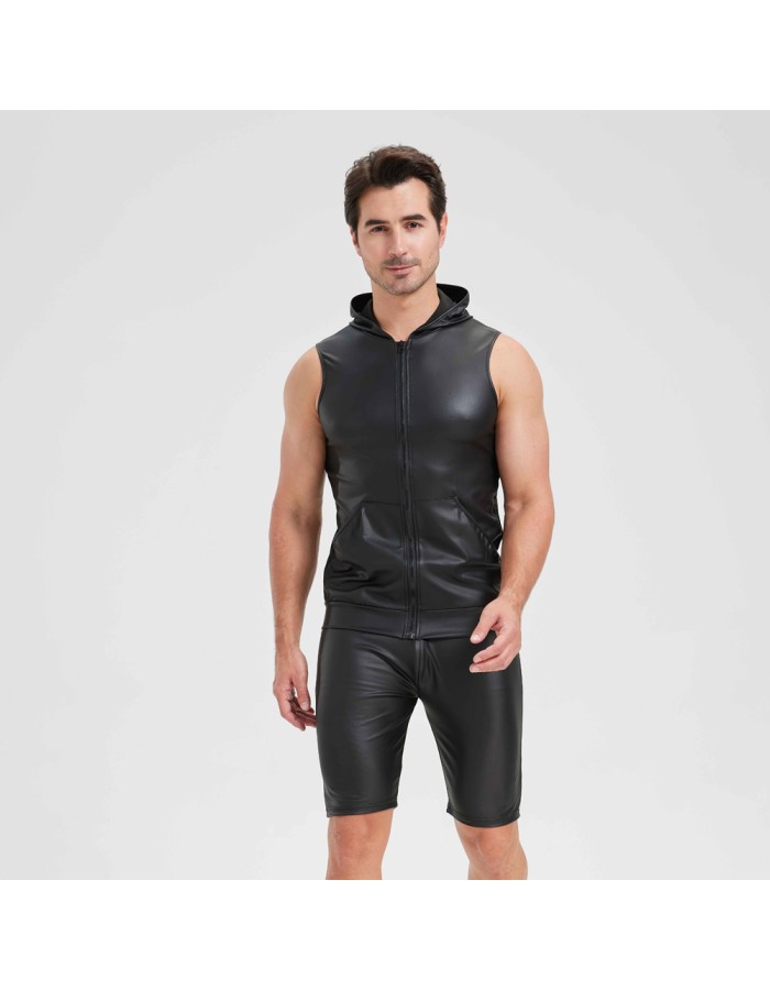 Sexy Shiny Men's Suit Vest Jackets Sporty and Casual Men's Leather Hooded Vests N837