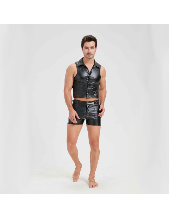 Sexy Men Vest Nightclub Stage Costume Men's Sexy Lingerie Black Patent Leather Vest and Shorts N843