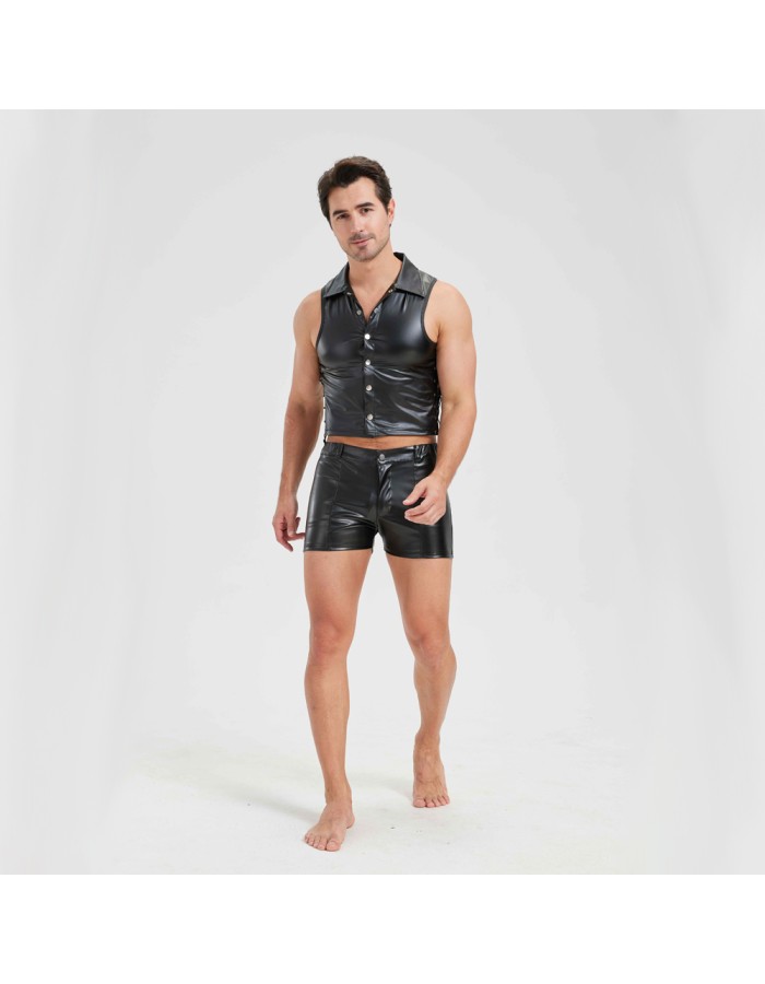 Sexy Men Vest Nightclub Stage Costume Men's Sexy Lingerie Black Patent Leather Vest and Shorts N843