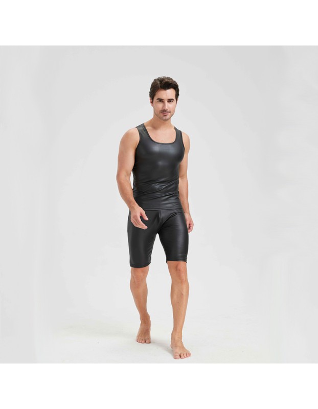 Men's Sexy Charming Matte Leather Vest Shiny Leather Sleeveless T-shirt Tight Fitting Costume N836