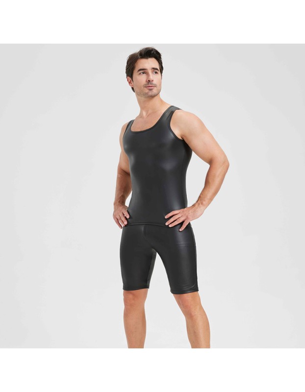 Men's Sexy Charming Matte Leather Vest Shiny Leather Sleeveless T-shirt Tight Fitting Costume N836