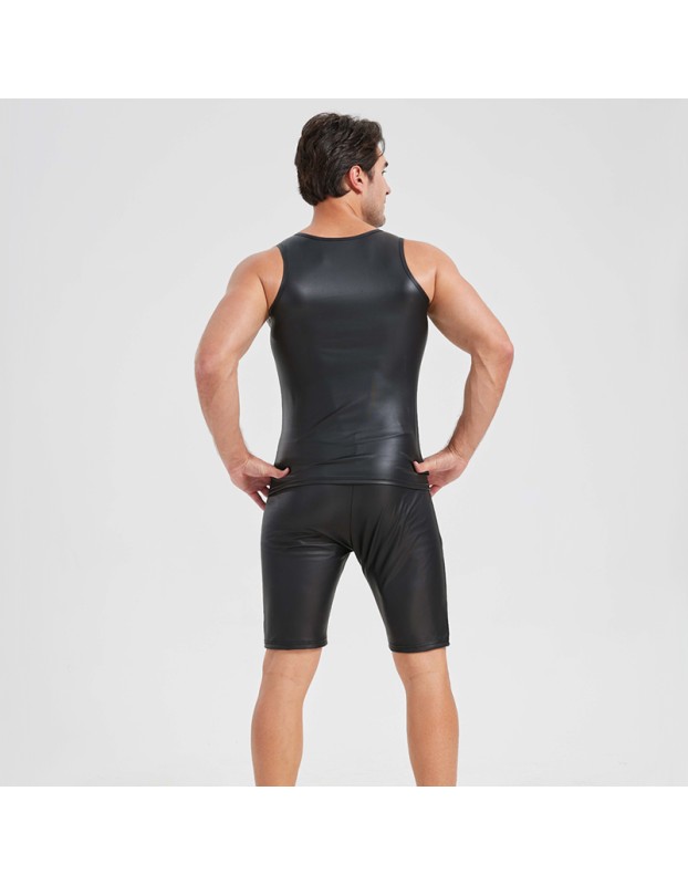 Men's Sexy Charming Matte Leather Vest Shiny Leather Sleeveless T-shirt Tight Fitting Costume N836