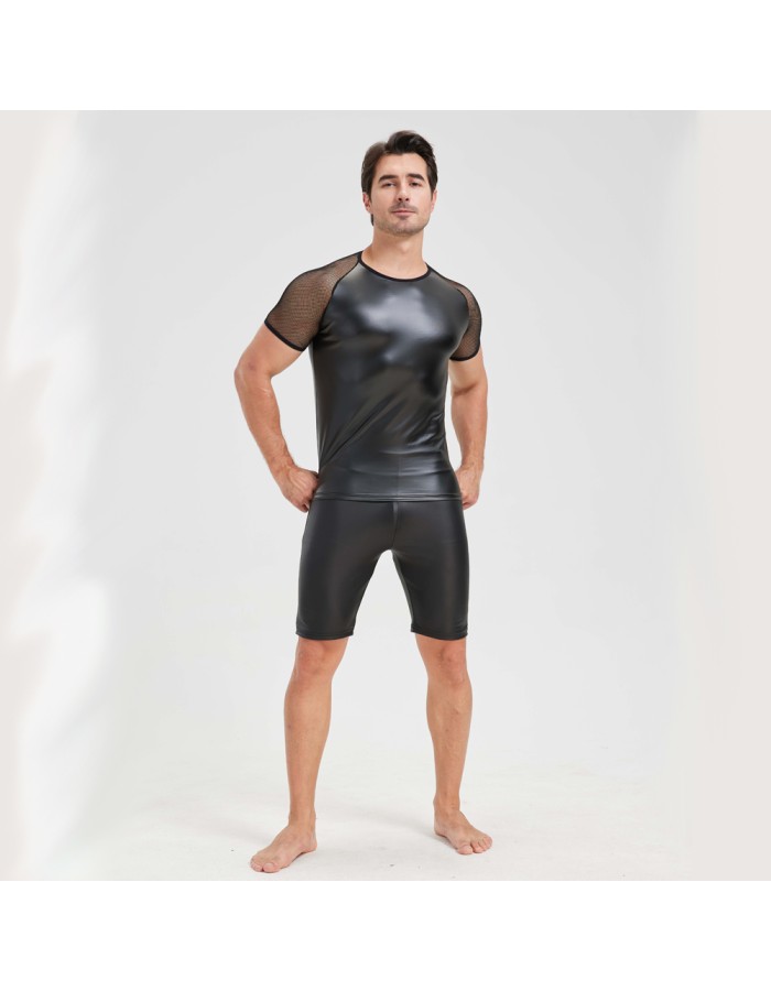 Men's Sexy Matte Leather Vest Shiny Short Sleeved T-shirt Sporty Top Performance Costume N842