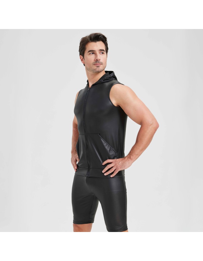 Sexy Shiny Men's Suit Vest Jackets Sporty and Casual Men's Leather Hooded Vests N837