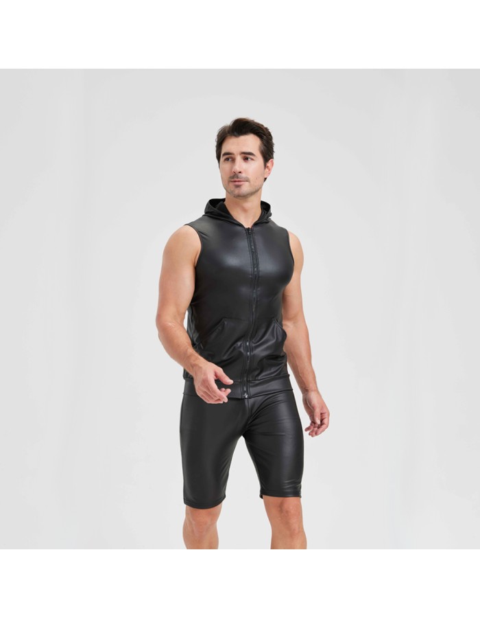Sexy Shiny Men's Suit Vest Jackets Sporty and Casual Men's Leather Hooded Vests N837
