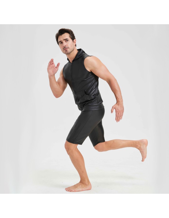 Sexy Shiny Men's Suit Vest Jackets Sporty and Casual Men's Leather Hooded Vests N837