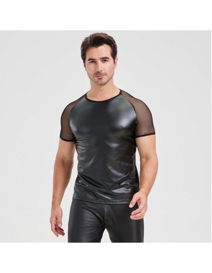 Men's Sexy Matte Leather Vest Shiny Short Sleeved T-shirt Sporty Top Performance Costume N842