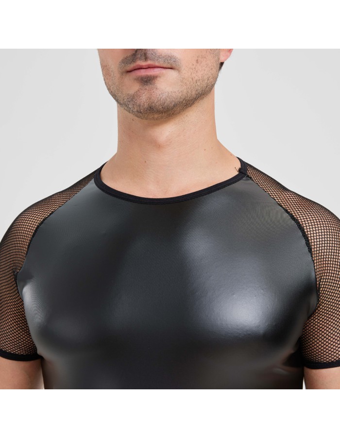 Men's Sexy Matte Leather Vest Shiny Short Sleeved T-shirt Sporty Top Performance Costume N842