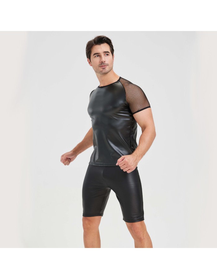 Men's Sexy Matte Leather Vest Shiny Short Sleeved T-shirt Sporty Top Performance Costume N842