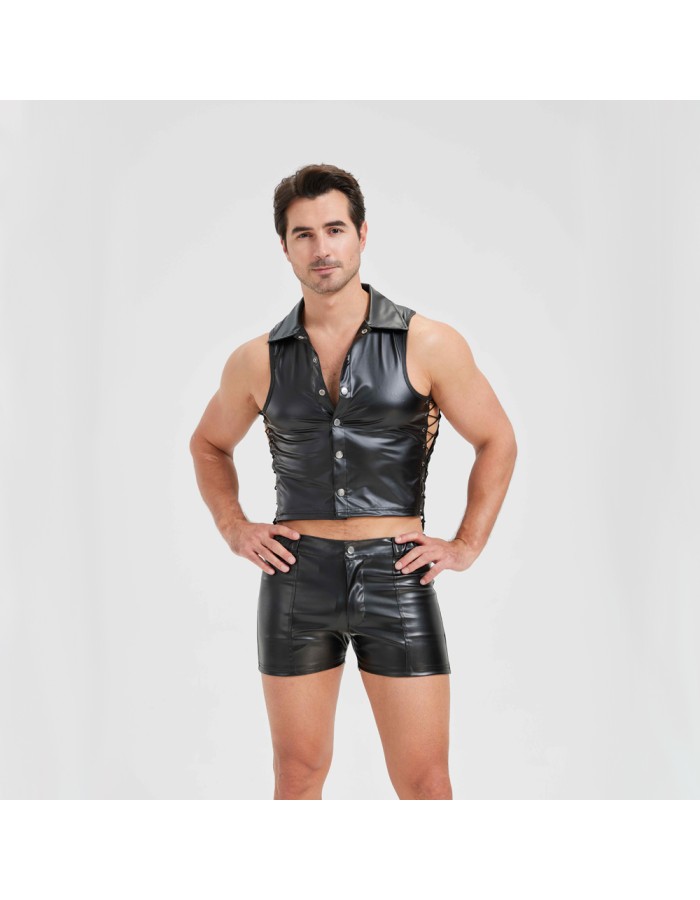 Sexy Men Vest Nightclub Stage Costume Men's Sexy Lingerie Black Patent Leather Vest and Shorts N843