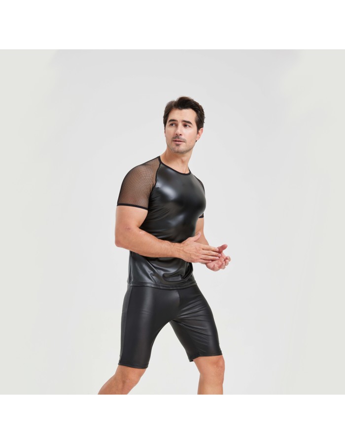 Men's Sexy Matte Leather Vest Shiny Short Sleeved T-shirt Sporty Top Performance Costume N842