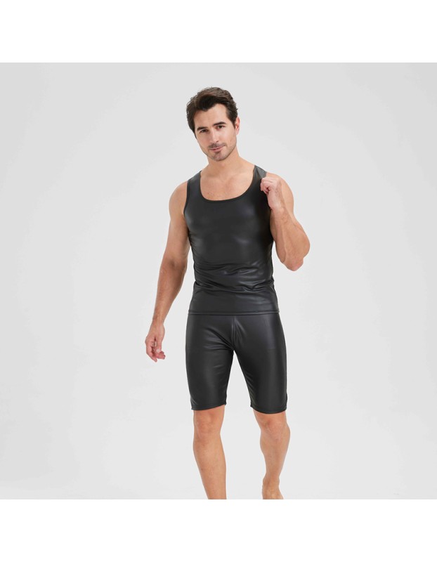 Men's Sexy Charming Matte Leather Vest Shiny Leather Sleeveless T-shirt Tight Fitting Costume N836