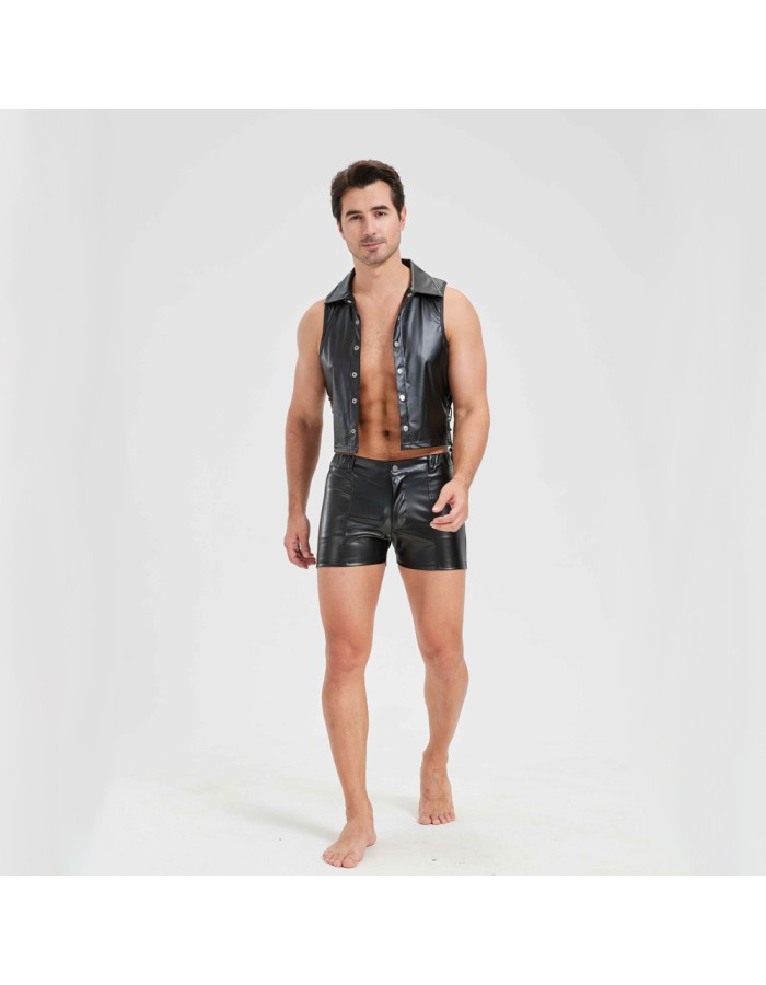 Sexy Men Vest Nightclub Stage Costume Men's Sexy Lingerie Black Patent Leather Vest and Shorts N843