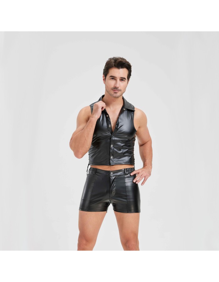 Sexy Men Vest Nightclub Stage Costume Men's Sexy Lingerie Black Patent Leather Vest and Shorts N843