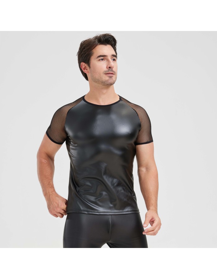 Men's Sexy Matte Leather Vest Shiny Short Sleeved T-shirt Sporty Top Performance Costume N842