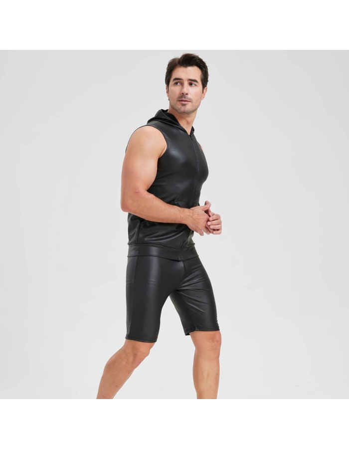 Sexy Shiny Men's Suit Vest Jackets Sporty and Casual Men's Leather Hooded Vests N837