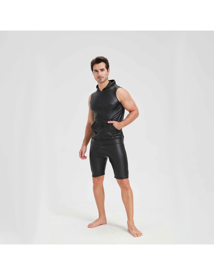 Sexy Shiny Men's Suit Vest Jackets Sporty and Casual Men's Leather Hooded Vests N837