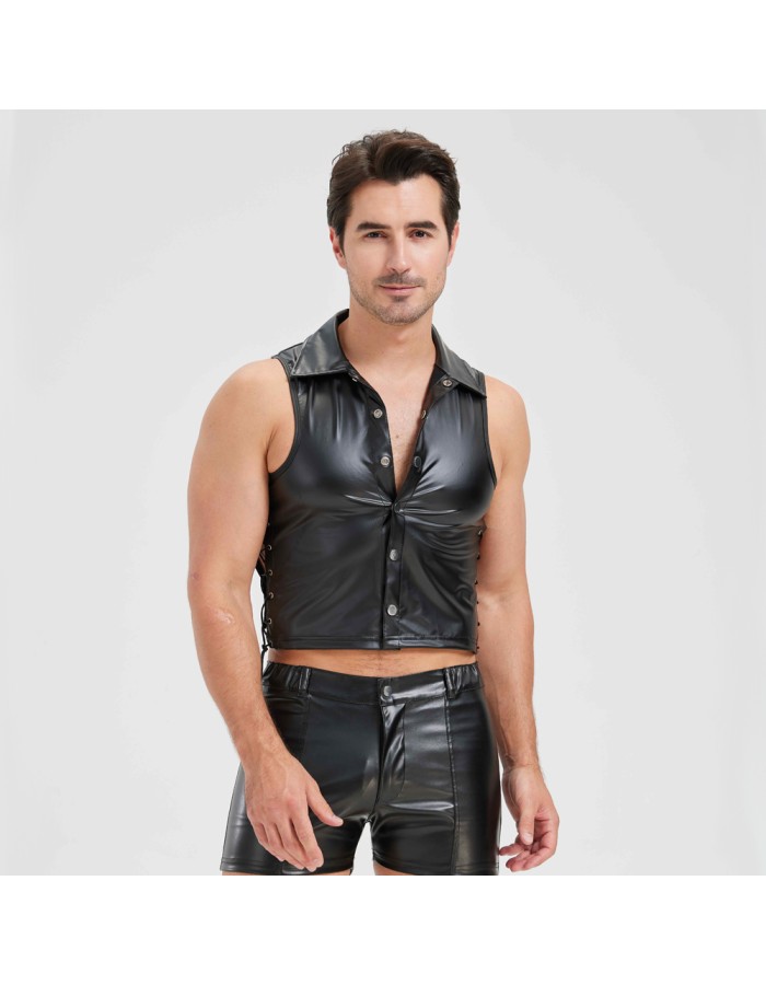 Sexy Men Vest Nightclub Stage Costume Men's Sexy Lingerie Black Patent Leather Vest and Shorts N843