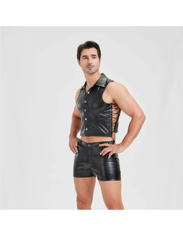 Sexy Men Vest Nightclub Stage Costume Men's Sexy Lingerie Black Patent Leather Vest and Shorts N843