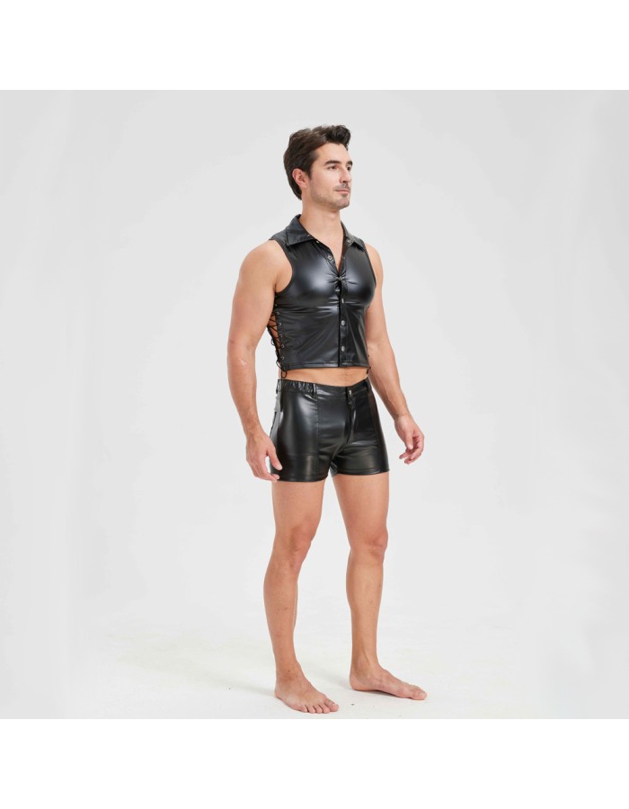 Sexy Men Vest Nightclub Stage Costume Men's Sexy Lingerie Black Patent Leather Vest and Shorts N843