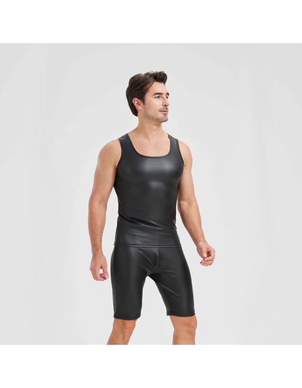 Men's Sexy Charming Matte Leather Vest Shiny Leather Sleeveless T-shirt Tight Fitting Costume N836