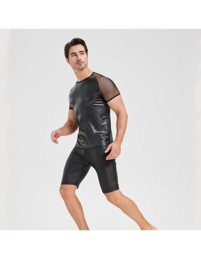Men's Sexy Matte Leather Vest Shiny Short Sleeved T-shirt Sporty Top Performance Costume N842