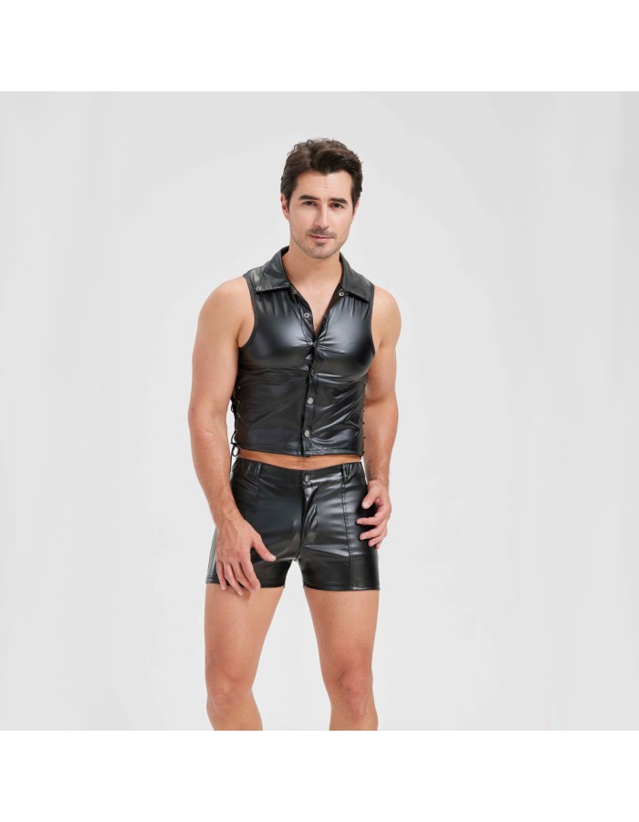 Sexy Men Vest Nightclub Stage Costume Men's Sexy Lingerie Black Patent Leather Vest and Shorts N843