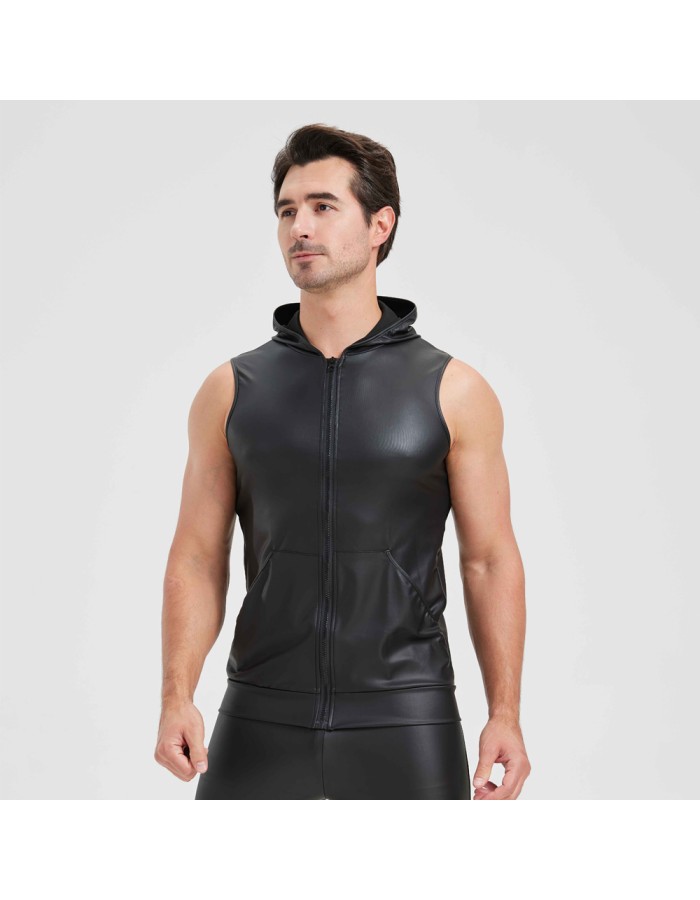 Sexy Shiny Men's Suit Vest Jackets Sporty and Casual Men's Leather Hooded Vests N837