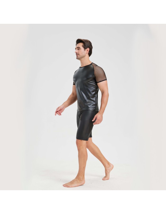 Men's Sexy Matte Leather Vest Shiny Short Sleeved T-shirt Sporty Top Performance Costume N842