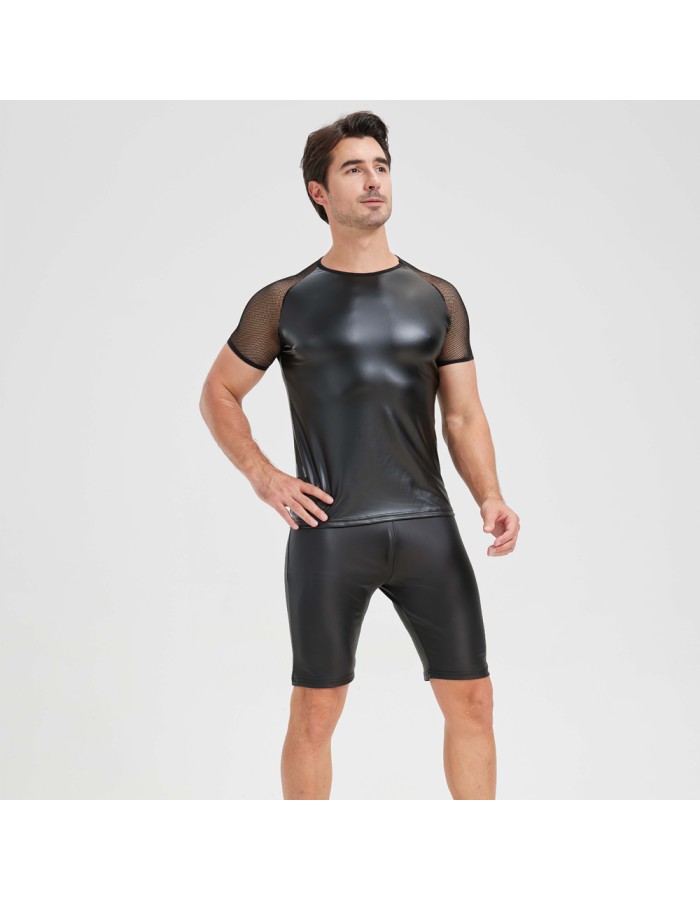 Men's Sexy Matte Leather Vest Shiny Short Sleeved T-shirt Sporty Top Performance Costume N842