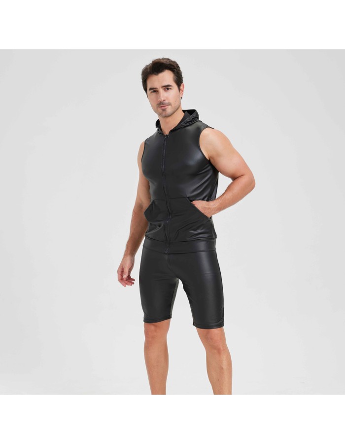 Sexy Shiny Men's Suit Vest Jackets Sporty and Casual Men's Leather Hooded Vests N837
