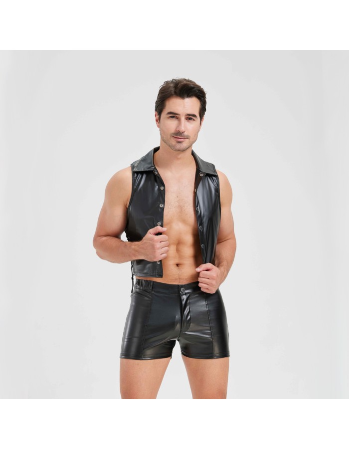 Sexy Men Vest Nightclub Stage Costume Men's Sexy Lingerie Black Patent Leather Vest and Shorts N843