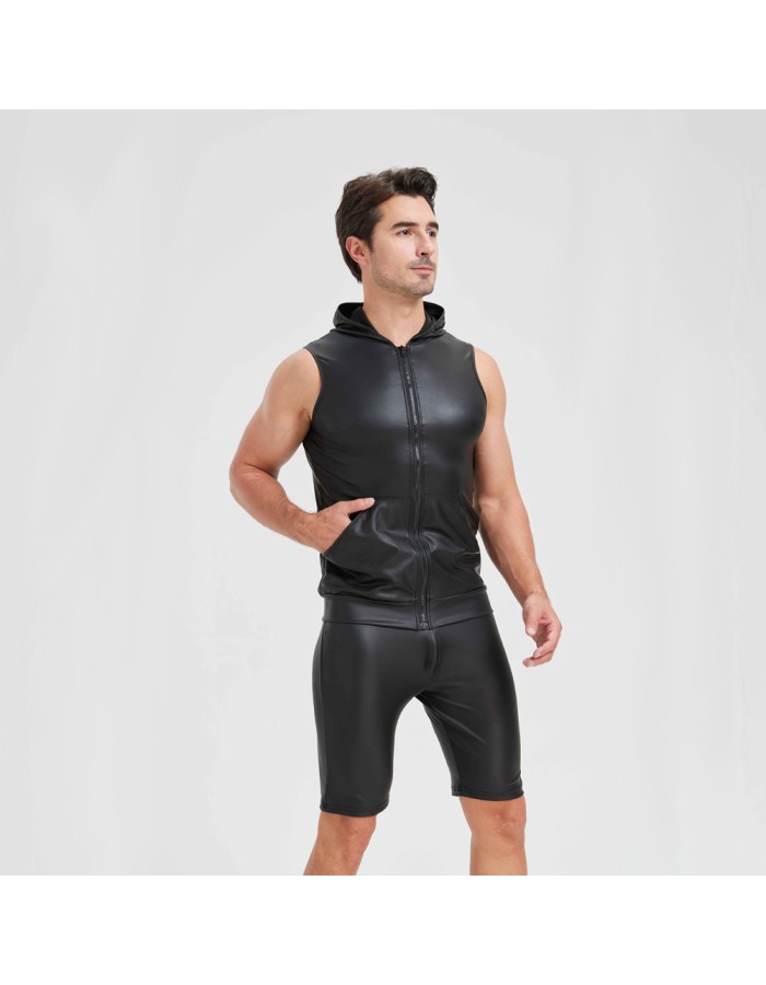 Sexy Shiny Men's Suit Vest Jackets Sporty and Casual Men's Leather Hooded Vests N837