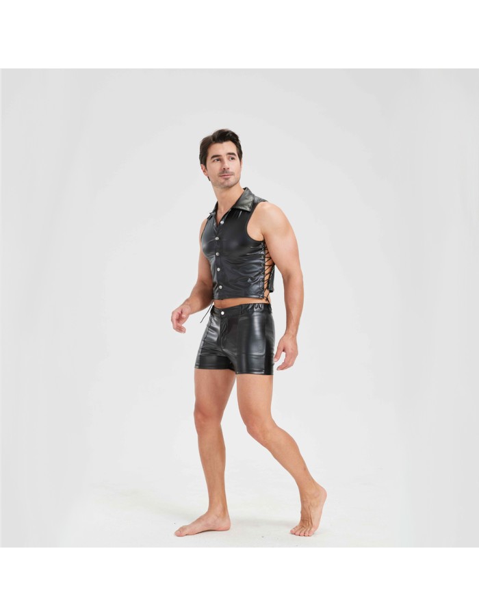 Sexy Men Vest Nightclub Stage Costume Men's Sexy Lingerie Black Patent Leather Vest and Shorts N843
