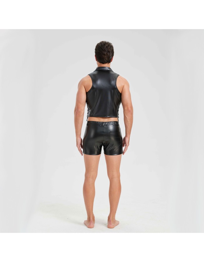 Sexy Men Vest Nightclub Stage Costume Men's Sexy Lingerie Black Patent Leather Vest and Shorts N843