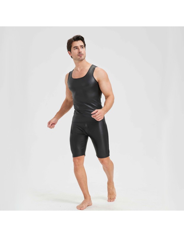 Men's Sexy Charming Matte Leather Vest Shiny Leather Sleeveless T-shirt Tight Fitting Costume N836