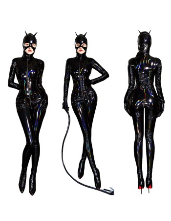Adult Cat Girl Cosplay Costume Women Sexy Shiny Leather PU Zipper Open Crotch Bodysuit XX69039