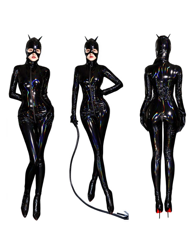 Adult Cat Girl Cosplay Costume Women Sexy Shiny Leather PU Zipper Open Crotch Bodysuit XX69039
