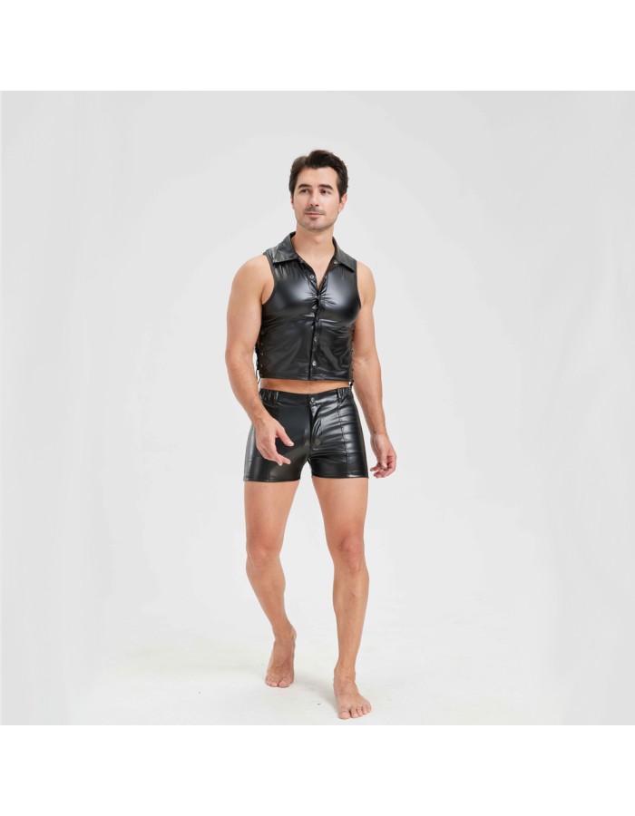 Sexy Men Vest Nightclub Stage Costume Men's Sexy Lingerie Black Patent Leather Vest and Shorts N843