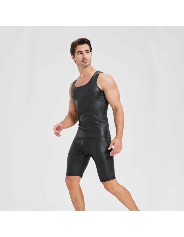 Men's Sexy Charming Matte Leather Vest Shiny Leather Sleeveless T-shirt Tight Fitting Costume N836