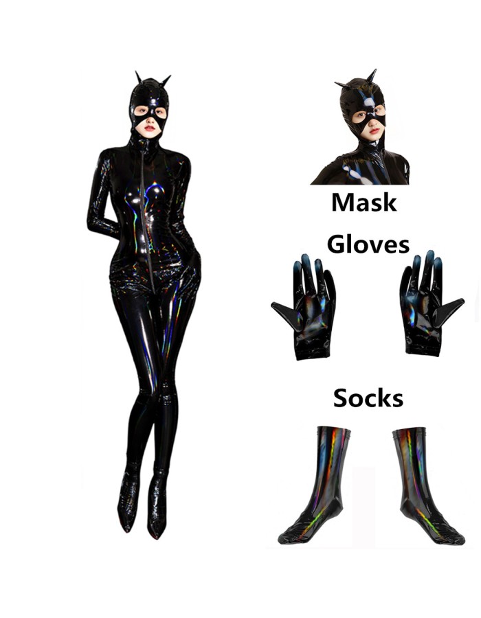 Adult Cat Girl Cosplay Costume Women Sexy Shiny Leather PU Zipper Open Crotch Bodysuit XX69039