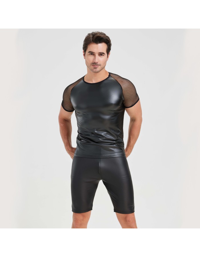 Men's Sexy Matte Leather Vest Shiny Short Sleeved T-shirt Sporty Top Performance Costume N842