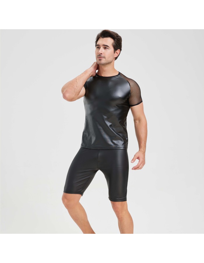 Men's Sexy Matte Leather Vest Shiny Short Sleeved T-shirt Sporty Top Performance Costume N842
